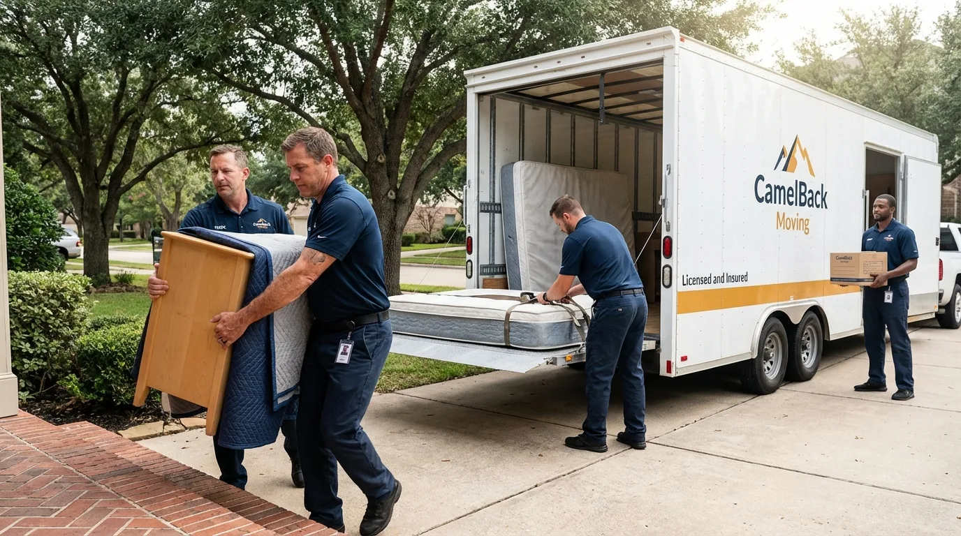Crew loading residential truck for cross-state move from Hemet, CA