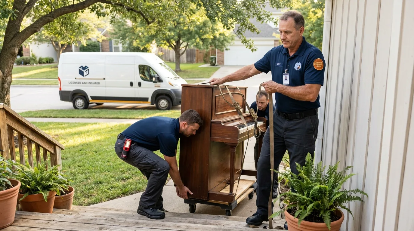 Licensed piano movers securing grand piano in Hemet, CA