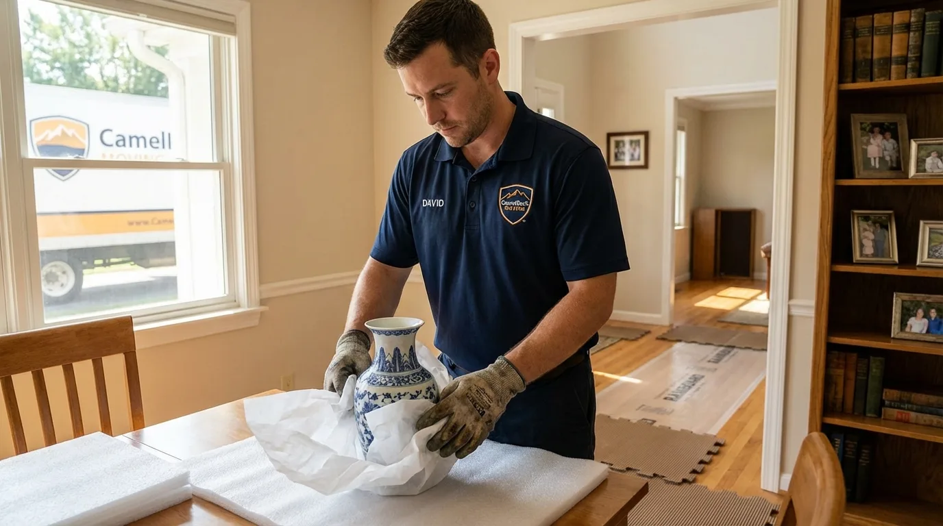 Professional crew carefully wrapping antique vase for senior downsizing move in Hemet, CA